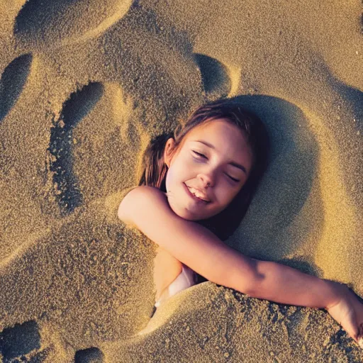 Prompt: a girl laying in a whole in the sand at a beach
