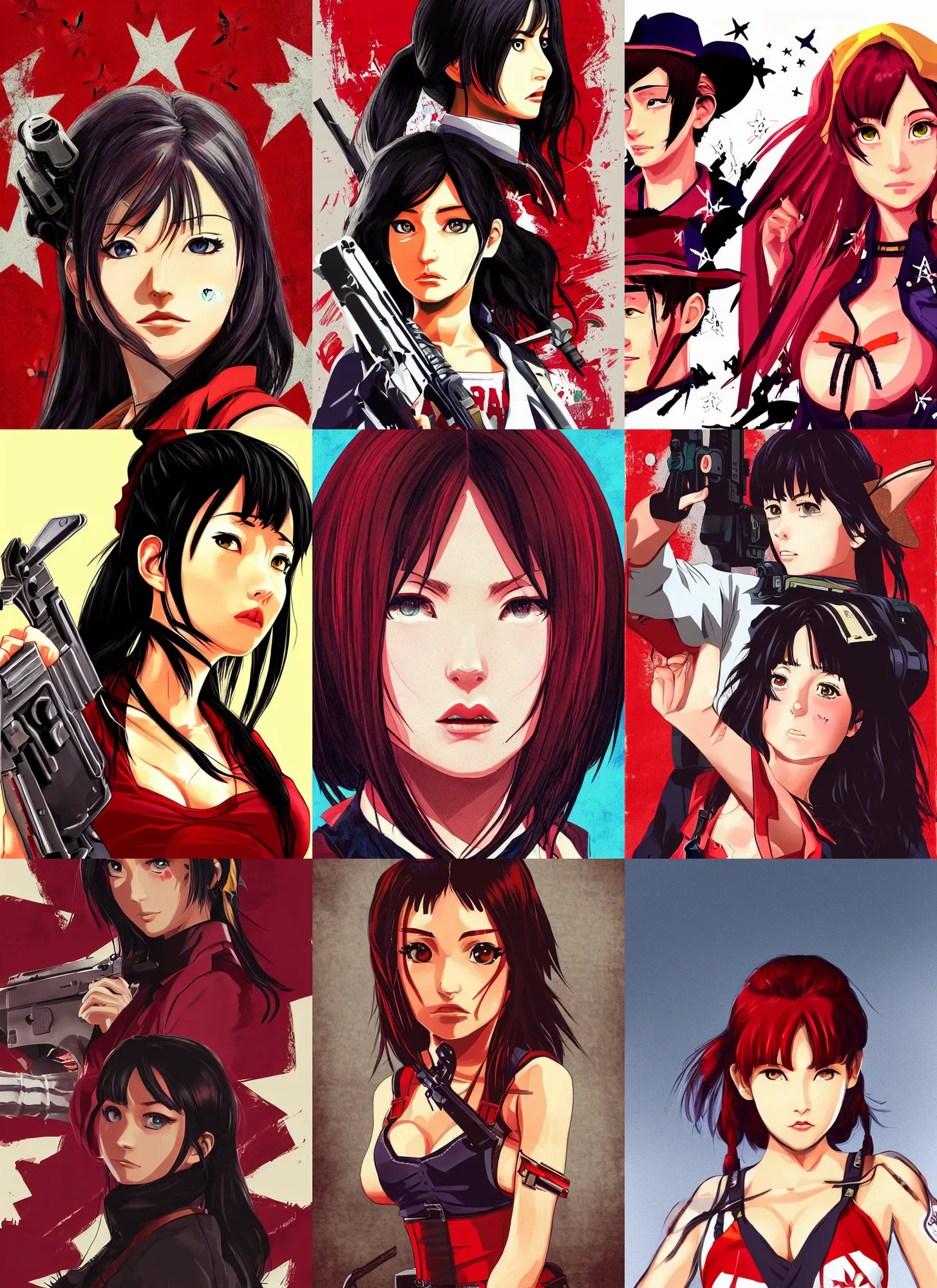 Prompt: misato katsuragi, red dead redemption art style, rockstar games art, realistic anime, portrait, beautiful face, symmetrical face