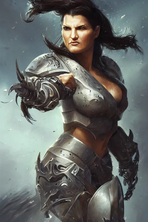 Prompt: a finely detailed portrait of Gina Carano, clothed in battle armor, olive skin, long dark hair, intricate, elegant, digital painting, trending on Artstation, concept art, smooth, sharp focus, illustration, from World of Warcraft, by Ruan Jia and Mandy Jurgens and Artgerm and william-adolphe bouguerea, award winning