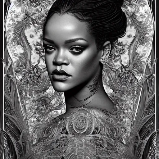 Image similar to portrait of Rihanna as a young pretty woman in flowing dress, arrogant, mysterious, long fine flowing hair, delicate, looking at camera, realistic face, intricate, stylish, elegant, grimdark, flowers, extremely detailed photograph by Martine Johanna and Ernst Haeckel and Greg Rutkowski