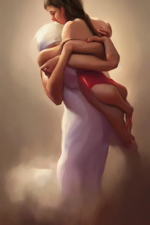 Prompt: a painting of a woman holding another woman, a digital painting by RHADS, trending on cgsociety, figurative art, digital painting, speedpainting, soft mist