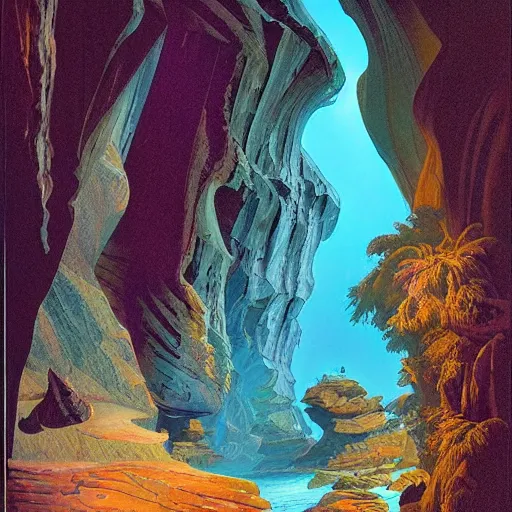 Prompt: sandstone slot canyon illuminated by electronic LED petrel parade, bioluminescent waterfall, night, by Darrell Riche, stephan martiniere, Mœbius and roger dean, unsplash contest winner, 1975, tall, intricate matte painting