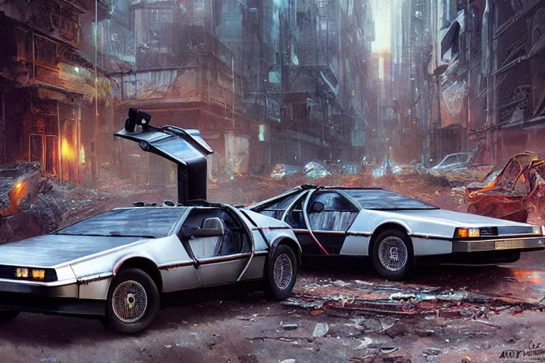 Image similar to photograph of the delorean driving down the streets of a cyberpunk abandoned city, by greg rutkowski, by stanley artgerm, by alphonse mucha