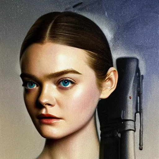 Image similar to Elle Fanning holding a sniper rifle in the style of Paola Vetri, head and shoulders portrait, stormy weather, extremely detailed masterpiece, oil on canvas, low-key neon lighting, artstation, Blade Runner 2049, Roger Deakin’s cinematography, by J. C. Leyendecker and Peter Paul Rubens and Edward Hopper and Michael Sowa,