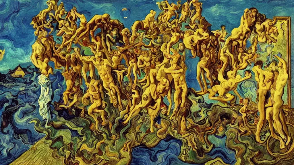 Image similar to psychoautistic scene of a divine moment, 4K, Rococo & Precisionism, colorized, by collaboration of Salvador Dali, Van Gogh and M. C. Escher