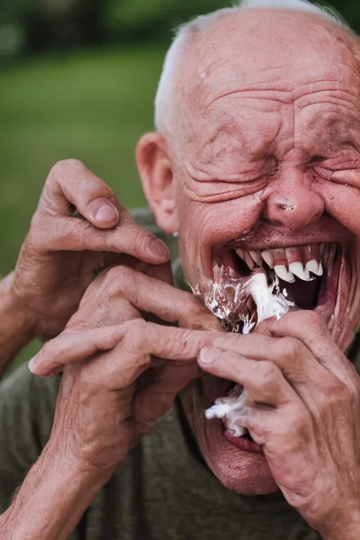Prompt: an old man spitting out his dentures violently in slow motion, 1 0 0 0 fps, canon 5 d, zeiss prime 3 5 mm