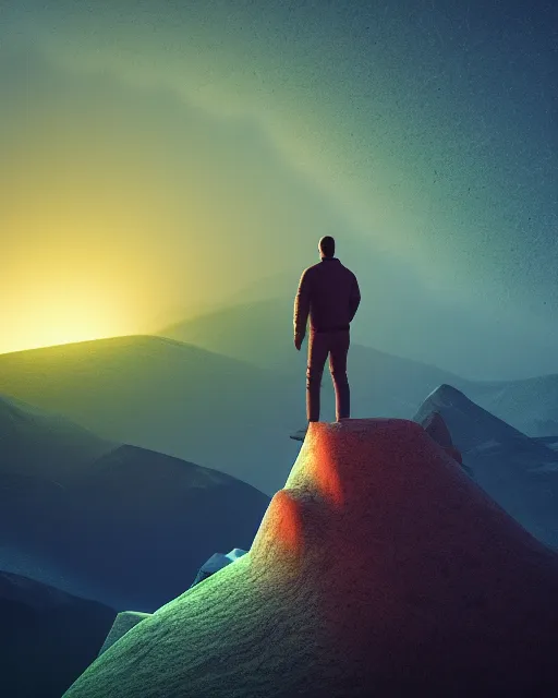 Image similar to a man standing in the middle of a mountain looking at a glowy shape, a render by filip hodas, behance contest winner, environmental art, rendered in cinema 4 d, volumetric lighting