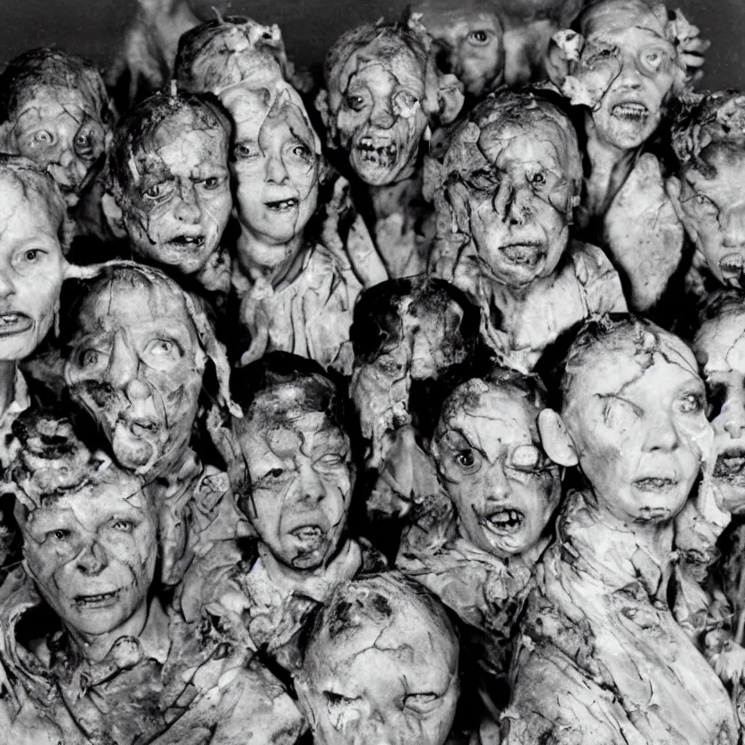 Image similar to group of deformed irradiated people with acute radiation sickness flaking, melting, rotting skin wearing 1950s clothing in a 1950s nuclear wasteland. Group is living in a nuclear reactor. Photo is black and white award winning photo highly detailed, highly in focus, highly life-like, facial closeup taken on Arriflex 35 II, by stanley kubrick