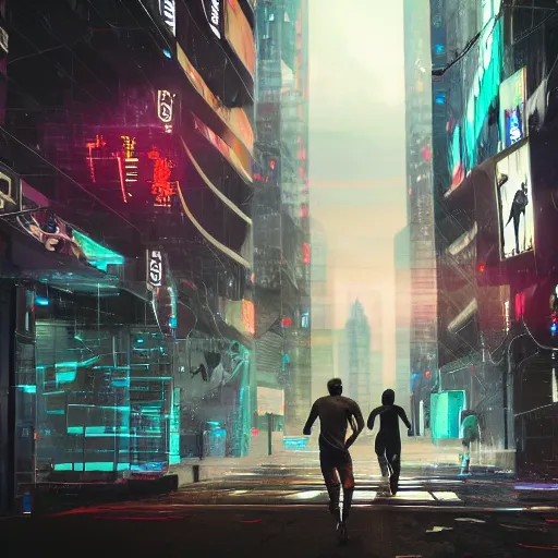 Image similar to people running away from cryptocurrency scared, cyberpunk art, ultrarealistic, 8k