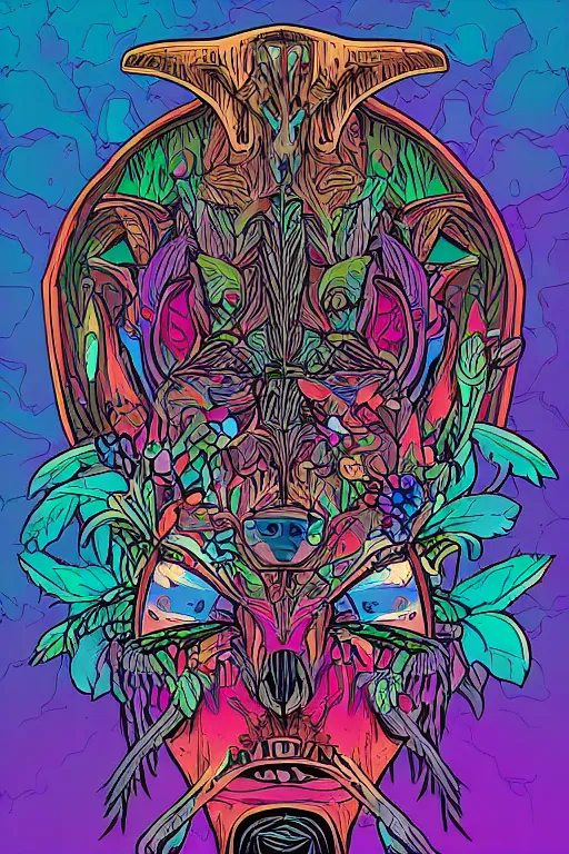 Image similar to animal mask totem roots flower tribal feather gemstone plant wood rock shaman vodoo video game vector cutout illustration vivid multicolor borderlands comics by josan gonzales and dan mumford radiating a glowing aura