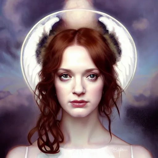 Image similar to symmetrical!! looking at the camera!!! a portrait of an angel young christina hendricks wearing a white silky dress, upper body, concept art, deep focus, sky, heaven, clouds, intricate, highly detailed, digital painting, artstation, matte, sharp focus, illustration, art by greg rutkowski and alphonse mucha