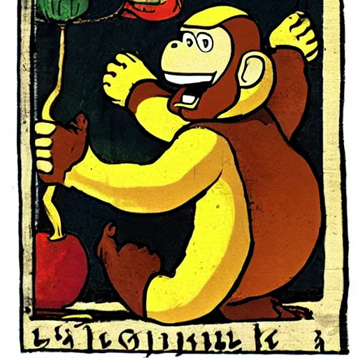 Image similar to Donkey Kong slips on a banana with a bunch on his arms, medieval text book art