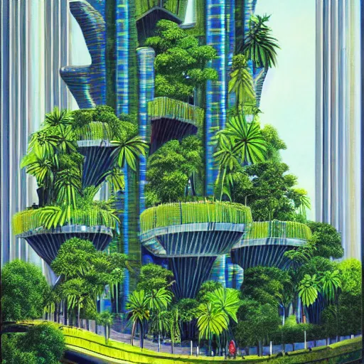 Image similar to a solar punk lush giant plants city, modern architecture by ricardo bofill, city of the jungle, geometry will draw the soul toward the truth and create the spirit of philosophy, galactic nebula, surrealist oil painting