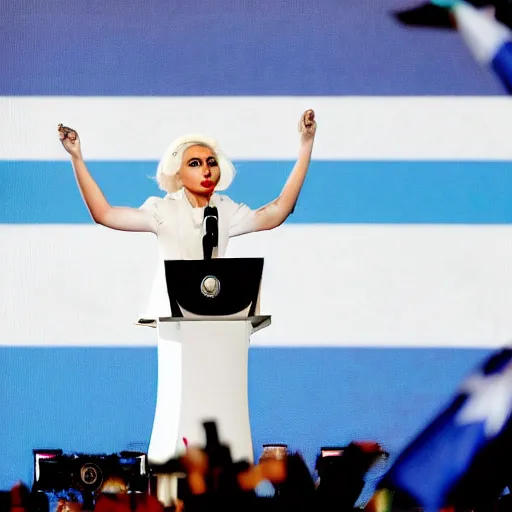 Image similar to Lady Gaga as president, Argentina presidential rally, Argentine flags behind, bokeh, giving a speech, detailed face, Argentina