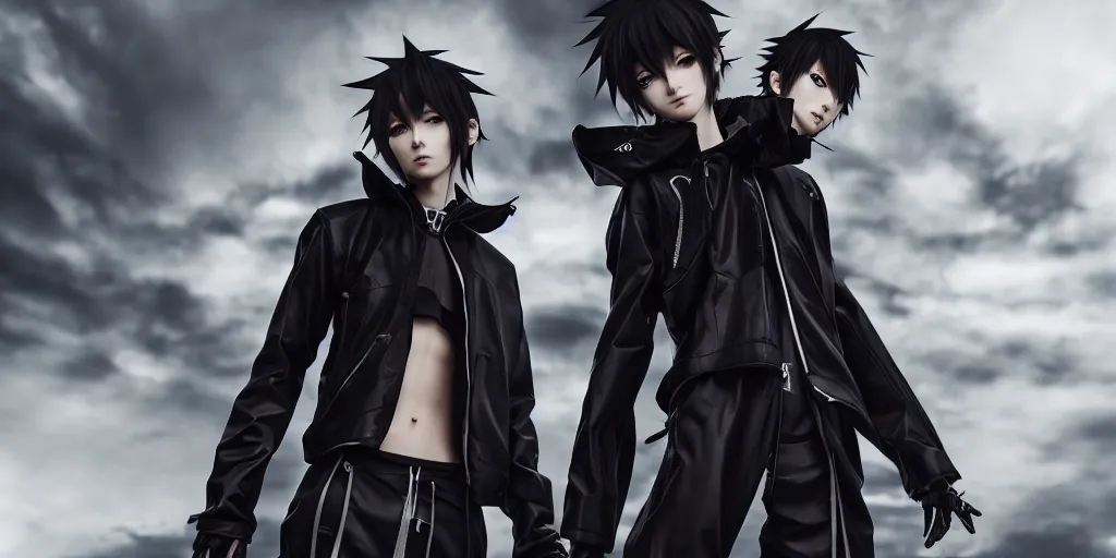 Image similar to Anime style streetwear, Octane render, Final Fantasy, dark latex outerwear, atmospheric scene