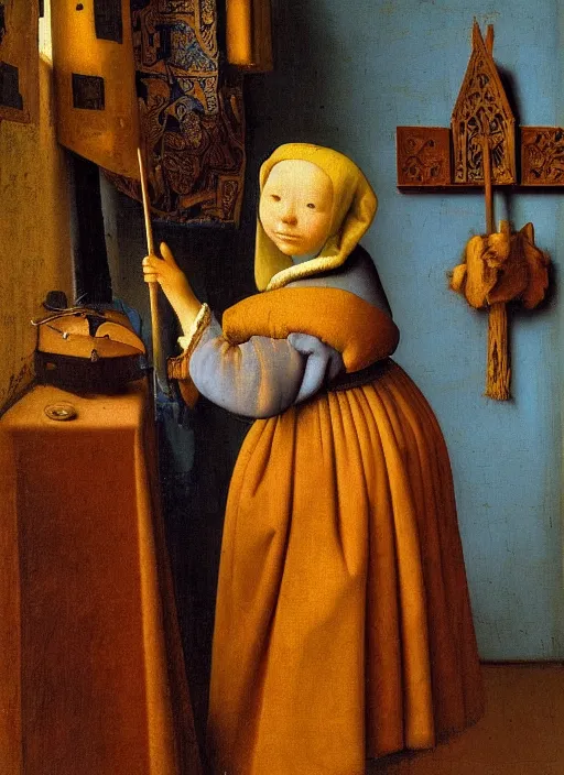 Image similar to paints, brushes, medieval painting by jan van eyck, johannes vermeer, florence