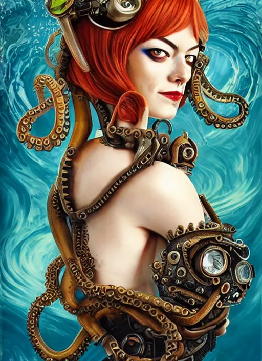 Image similar to steampunk pirate portrait of emma stone, underwater, octopus, pixar style, by tristan eaton stanley artgerm and tom bagshaw.