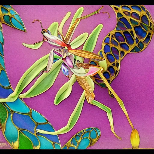 Prompt: majestic colorful orchid mantis cloisonne enamel by leon bakst and yoshitaka amano, cloisonne, beautiful hyperdetailed art nouveau orchids, james jean, amanda sage