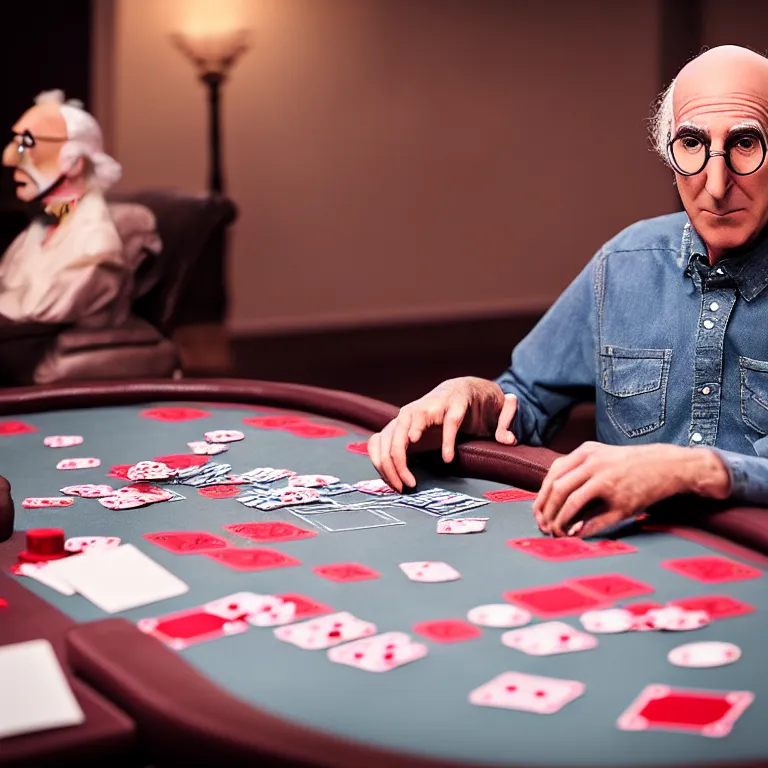 Prompt: a cinematic film still of a claymation stop motion film starring larry david playing poker, portrait, shallow depth of field, 8 0 mm, f 1. 8