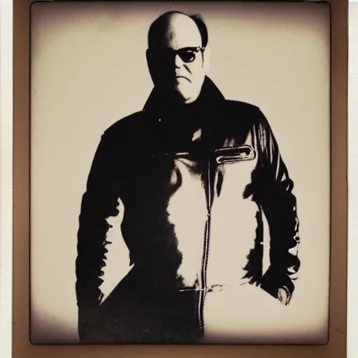 Image similar to Portrait of George Costanza in a leather jacket, ethereal, polaroid, punk