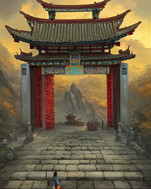 Image similar to tang dynasty shinto gate at the top of dragon mountain by peter mohrbacher and dan mumford and nekro, cgsociety, volumetric light, 3 d render