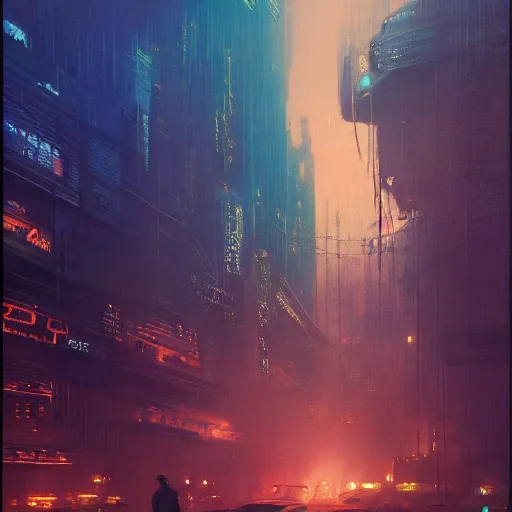 Image similar to ultra realistic portrait painting of blade runner 2 0 4 9, art by bruce pennington, 4 k, ultra realistic, highly detailed, epic lighting