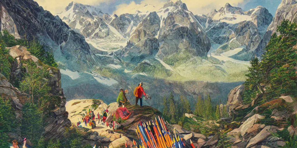 Prompt: beautiful idyllic poster illustration for a craggy ice valley national park by ludwig hohlwein, ludwig hohlwein, with close - up of grandma photorealistic eating crayons photoshopped into it