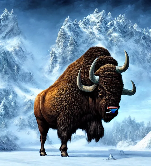 Prompt: a huge 1 5 meter high titan - buffalo with snow forests on it, fantasy art, d & d art, digital art, concept art, high detailed