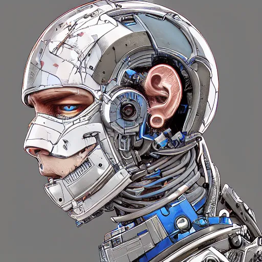 Image similar to Male cyborg, battle-damaged, scarred, wearing facemask, youthful face, bored expression, blue eyes, sterile background, head in profile, sci-fi, wires, cables, gadgets, Digital art, detailed, anime, artist Katsuhiro Otomo