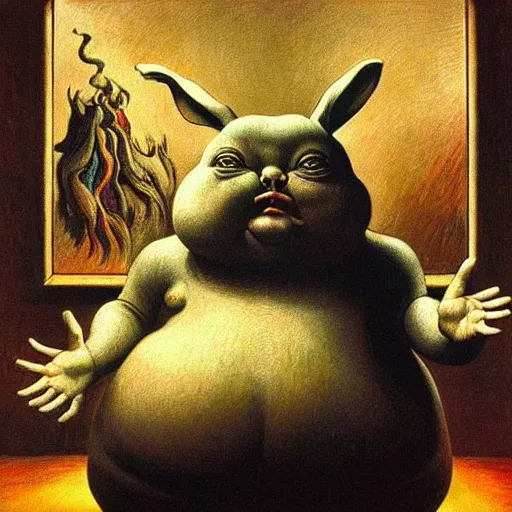 Prompt: Fat chungus zuckerberg recognizes its soul in the mirror - contest-winning artwork by Salvador Dali, Beksiński, Van Gogh, Giger, and Monet. Stunning lighting