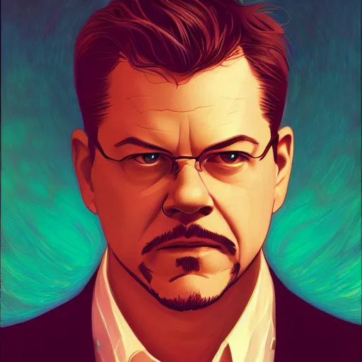 Prompt: Matt Damon as Tony Stark, ambient lighting, 4k, alphonse mucha, lois van baarle, ilya kuvshinov, rossdraws, artstation