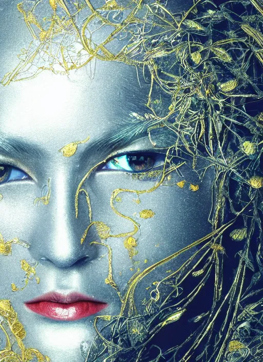 Image similar to glowing silver and golden elements, full close-up portrait, crow from shutterstock, book cover, green forest, white moon, red lips, establishing shot, extremly high detail, photo-realistic, cinematic lighting, pen and ink, intricate line drawings, by Yoshitaka Amano, Ruan Jia, Kentaro Miura, Artgerm, post processed, concept art, artstation, matte painting, style by eddie mendoza, raphael lacoste, alex ross