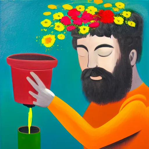 Image similar to man pouring water on head, flowers are in a pot on his head, the pot is part of his head, abstract expressionism, oil on canvas