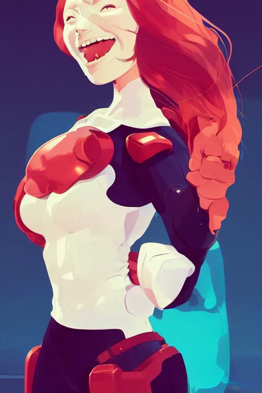 Image similar to clean cel shaded vector art concept art of curvacious redhead cyborg woman softly smiling at camera wearing 👖 and 👕 illustration by lois van baarle, artgerm, helen huang, by makoto shinkai and ilya kuvshinov, rossdraws, illustration, art by ilya kuvshinov