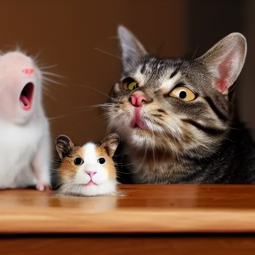 Prompt: a cat yelling at a hamster