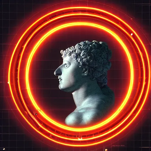 Image similar to a neon circle surrounding the head of a renaissance statue, 3 d render, black background, ray tracing, 8 k resolution, sharp focus, very detailed, hyper realistic