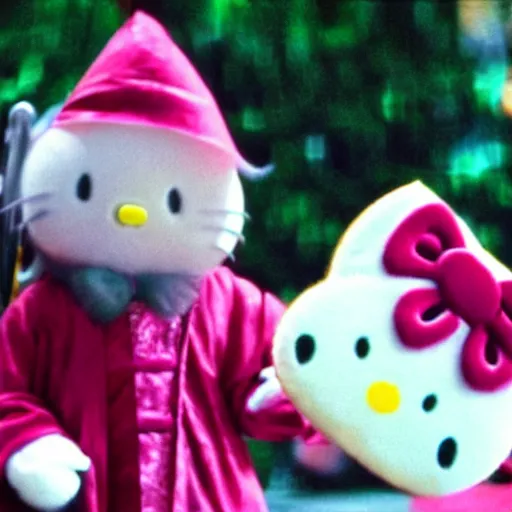 Image similar to portrait of laughing Gandalf dressed up as hello kitty, movie still from Lord of the Rings