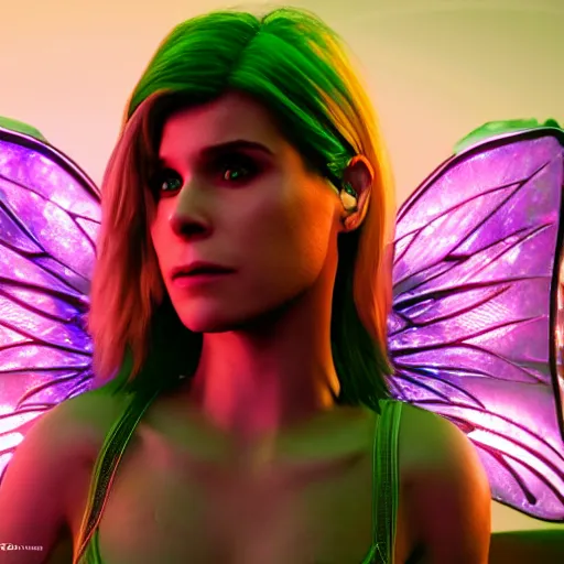 Image similar to neon fluorescent, iridescent kate mara with fairy wings cyperpunk 2 0 7 7, unreal engine 5, 8 k ultra life like, photo realistic, hyperdetailed, volumetric lighting, extremely high quality