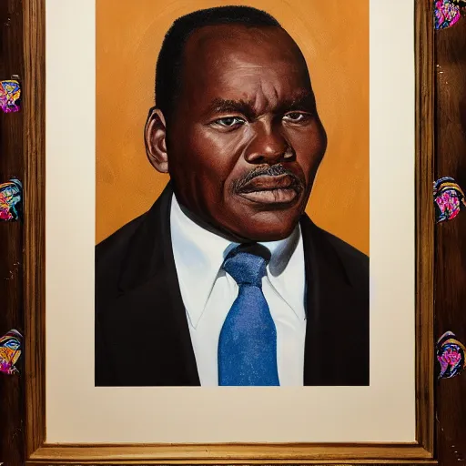 Image similar to a painting of a wide forehead, round face, XXL , smirky, fatherly, loving, caring, generous, ever-present, humble, wise elder from Kenya in a suit by Kehinde Wiley . Fatherly/daddy, focused, loving, leader, relaxed,. ethereal lights, details, smooth, sharp focus, illustration, realistic, cinematic, artstation, award winning, rgb , unreal engine, octane render, cinematic light, macro, depth of field, blur, red light and clouds from the back, highly detailed epic cinematic concept art CG render made in Maya, Blender and Photoshop, octane render, excellent composition, dynamic dramatic cinematic lighting, aesthetic, very inspirational, arthouse.