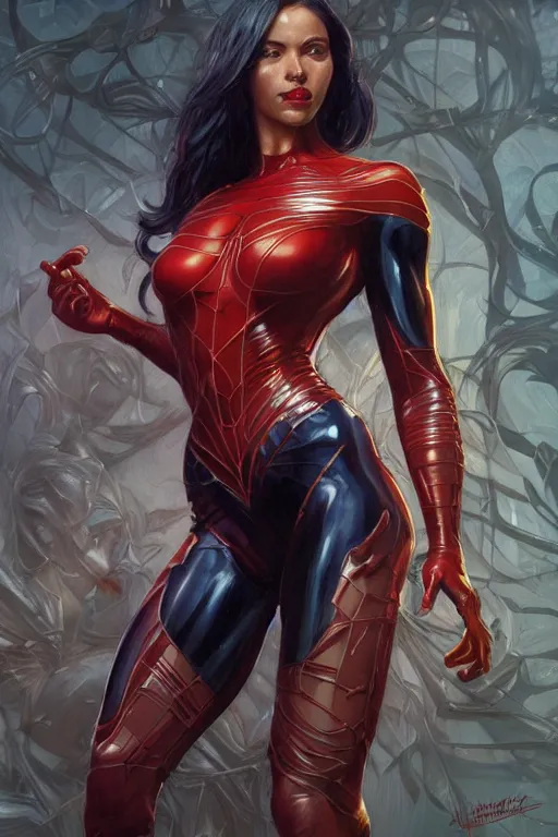 Image similar to muscled Spiderwoman heroine, intricate, elegant, highly detailed, centered, digital painting, artstation, concept art, smooth, sharp focus, illustration, art by artgerm and donato giancola and Joseph Christian Leyendecker, Ross Tran, WLOP