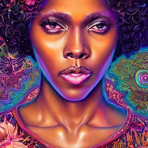 Image similar to portrait of dewanda wise, hyper detailed masterpiece, neon floral pattern, jean giraud, digital art painting, darkwave goth aesthetic, psychedelic, artgerm, donato giancola and tom bagshaw