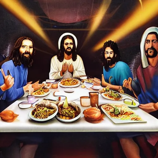 Image similar to a photograph of jesus and his disciples having the last supper at dave and busters restaurant