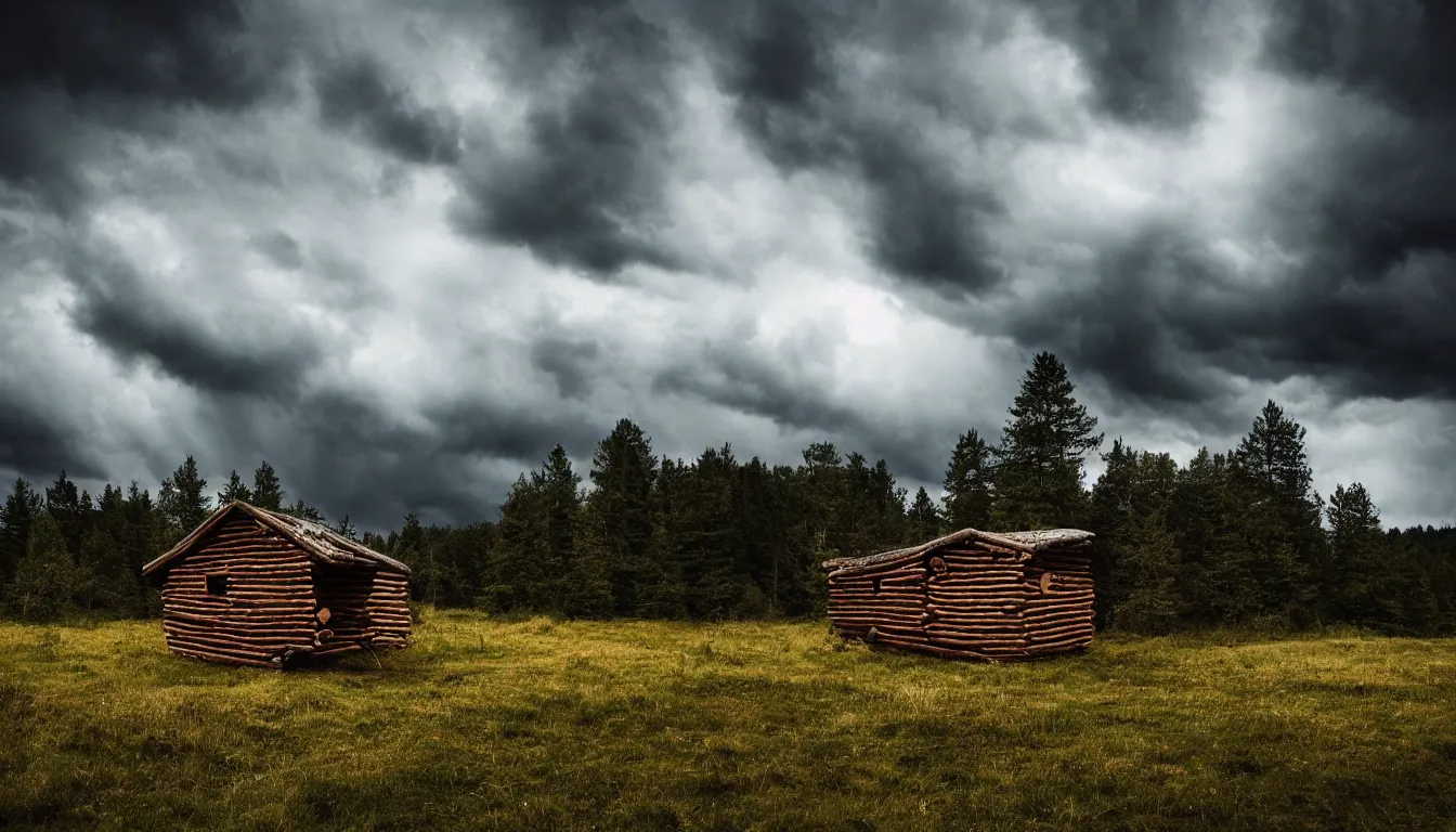 Prompt: a photograph of a small cabin made of logs, situated in a forest, with a horse tethered outside, stormy sky, dramatic lighting, epic scene, evening light, sunset, cosy scene, landscape photography, fujifilm, fujinon, 2 4 mm, f 1 6, muted colours