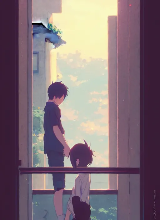 Prompt: boy kissing girl from a window. illustration concept art anime key visual trending pixiv fanbox by wlop and greg rutkowski and makoto shinkai and studio ghibli