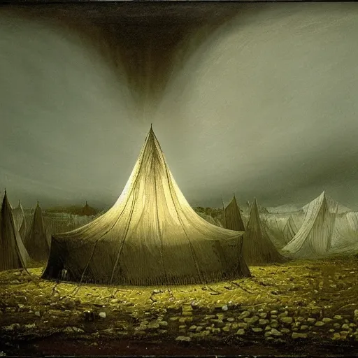 Prompt: hr giger tent in a landscape covered in moths, light beams night, casper david friedrich