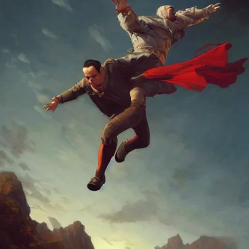 Image similar to a flying man catching a child that is falling from a cliff. photorealistic. realism. 4 k wideshot. cinematic. unreal engine. masterpiece. rule of thirds. beautiful. marc simonetti. jc leyendecker