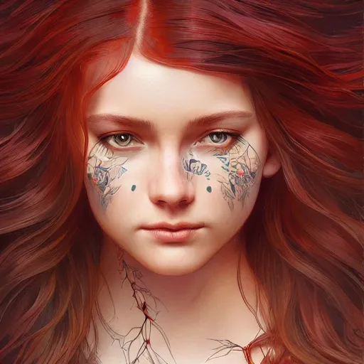 Prompt: girl with super long hair, hair becoming autumn red leaves, intricate, highly detailed, digital painting, artstation, concept art, smooth, sharp focus, illustration, unreal engine 5, 8 k, art by artgerm and greg rutkowski and alphonse mucha