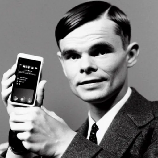 Prompt: alan turing presenting the new iphone