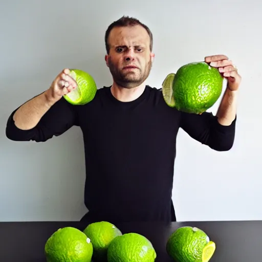 Prompt: guy who is holding too many limes with a very angry face