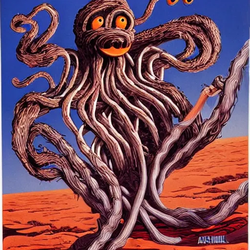 Prompt: attack of the flying spaghetti monster, movie art poster, by gerard brom and ansel adams